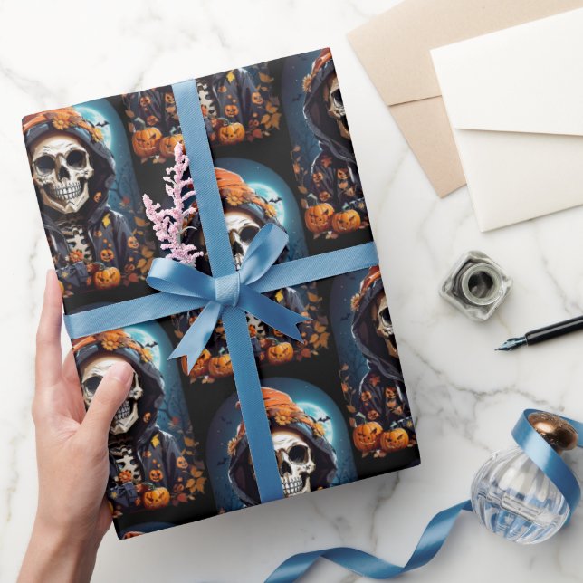 Papel De Presente Esqueleto Sorridente e Sinistro Tema de Terror (Presentear)