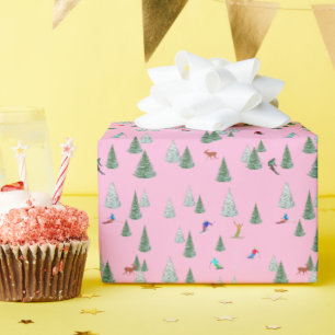 Papel De Presente Esquiadores Esqui Alpino Ilustração Rosa