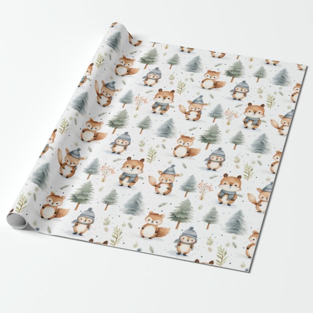 Papel De Presente Esquilos de Animais Florestais Cutos no inverno (Desenrolado)