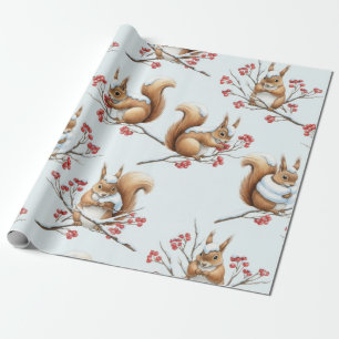 Papel De Presente Esquilos de Inverno Entre Galhos Nevados