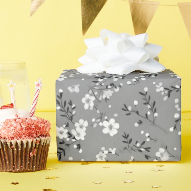 Papel De Presente Estampa de Posy Branco em Cinza (Festa de aniversário)