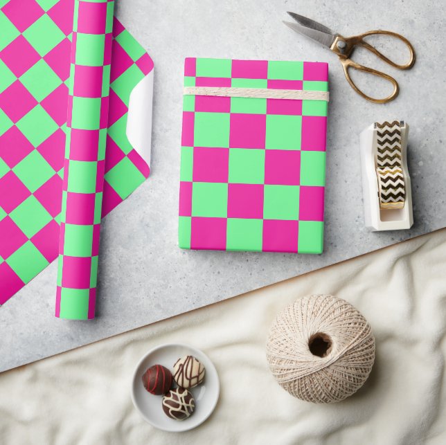 Papel De Presente Estampa Xadrez Rosa e Verde (Artesanato)