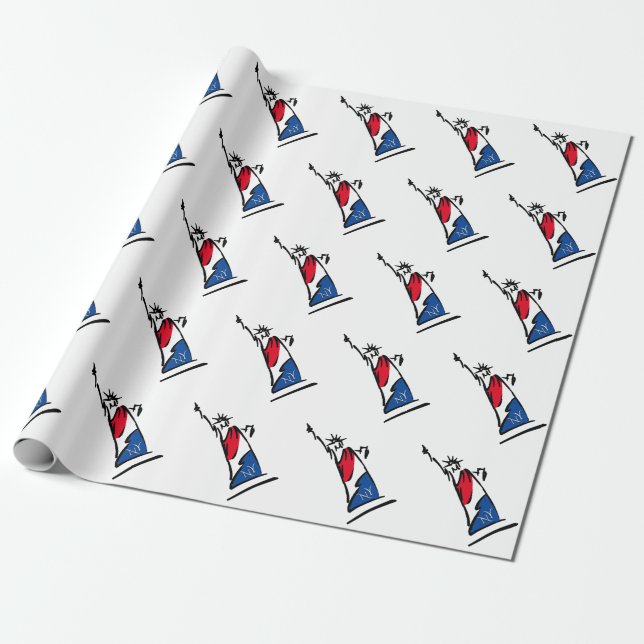 Papel De Presente Estátua da Liberdade NY Vermelho Branco e Azul (Desenrolado)