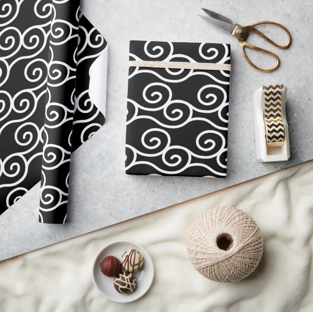 Papel De Presente Estilo Asiático, espiral Preta e Branca (Artesanato)