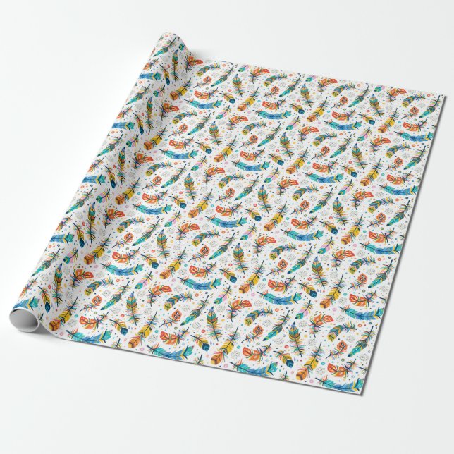 Papel De Presente Estilo Boho, padrão de pena sem falhas. (Desenrolado)