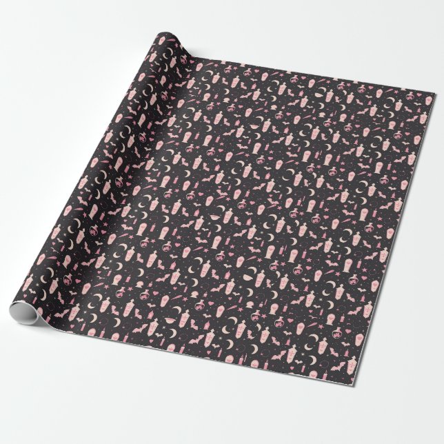 Papel De Presente Estilo branco, bruxaria-vampiro, preto e rosa (Desenrolado)