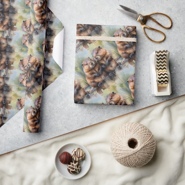 Papel De Presente Estilo de Aquarela Castor Casal Arte Animal Padrão (Artesanato)