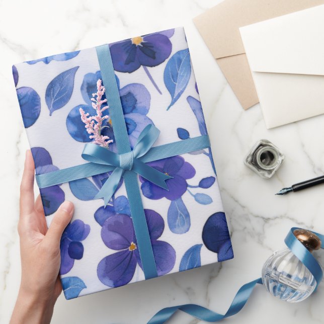Papel De Presente Estilo de Aquarela Pansias Azul Roxo Impressão (Presentear)