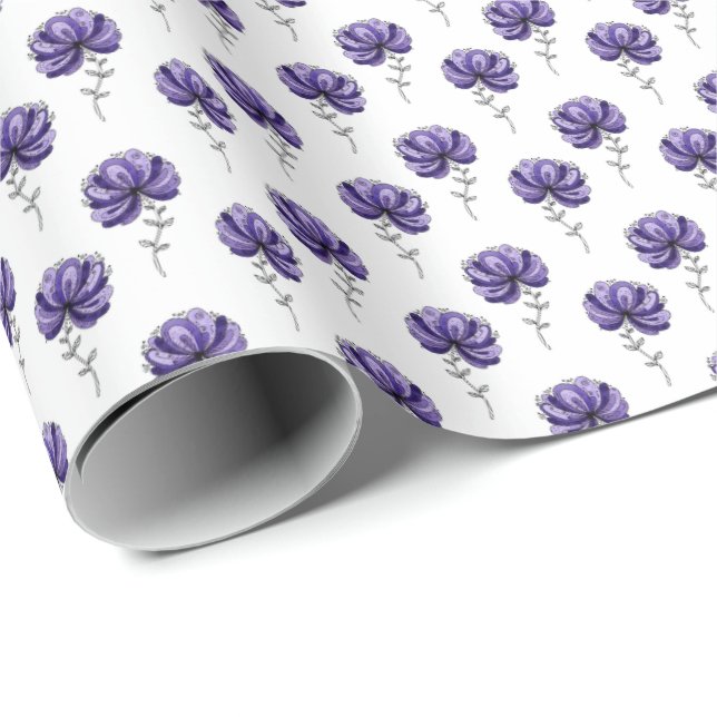 Papel De Presente Estilo de Arte de Flor Roxa Abstrata com Rabiscos (Ponta do rolo)