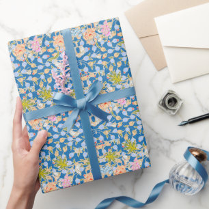 Papel De Presente Estilo de Batik Pontos de Padrão Flores Fundo Azul