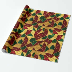Papel De Presente Estilo de Vitral Natal Vermelho Verde Dourado