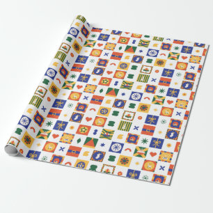 Papel De Presente Estilo Geométrico Azul Laranja Azul no Natal