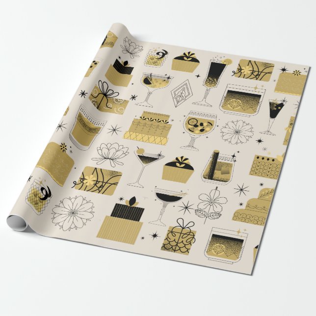 Papel De Presente Estilo Geométrico Dourado Amarelo Preto no Anivers (Desenrolado)
