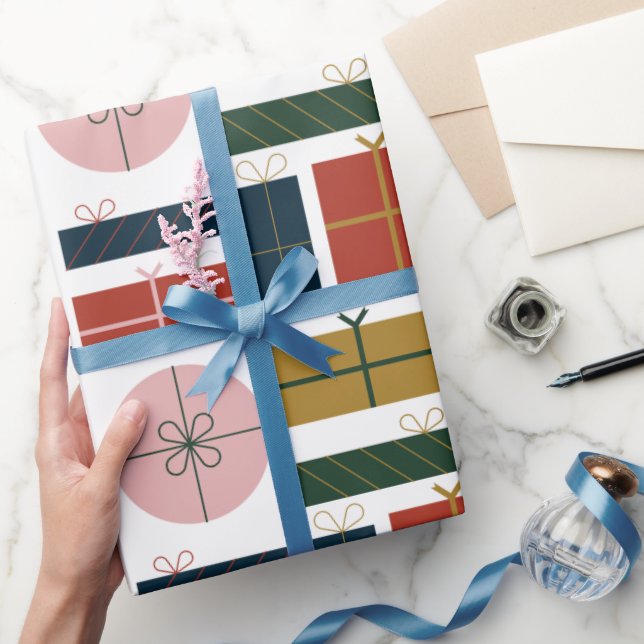 Papel De Presente Estilo Geométrico Rosa Verde Vermelho no Natal (Presentear)