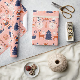 Papel De Presente Estilo Ilustrativo Vermelho Cor-de-Rosa no Natal