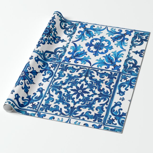 Papel De Presente estilo italiano,Mediterrâneo,mosaico,azul, (Desenrolado)