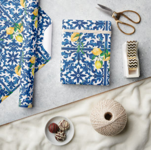 Papel De Presente estilo italiano,Mediterrâneo,mosaico,azul,limão