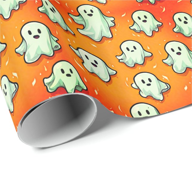 Papel De Presente Estilo Kawaii Bonito Fantasmas em Laranja (Ponta do rolo)