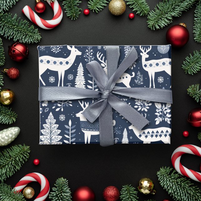 Papel De Presente Estilo Nórdico Velho Azul (Nordic Style Deer Blue Christmas Wrapping Paper)