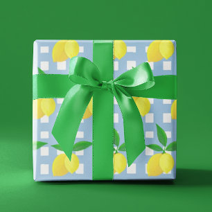 Papel De Presente Estilo Retro Elegante Limões Amarelos Xadrez Azul