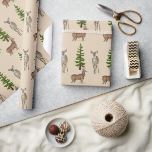 Papel De Presente Estilo Rústico Padrão de Veado e Árvore de Abeto