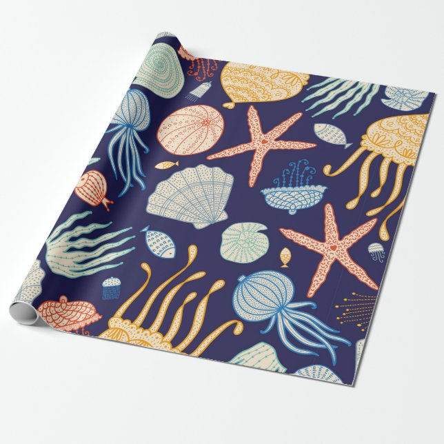 Papel De Presente Estilo sem costura, bonito, com águas-vivas, conch (Desenrolado)