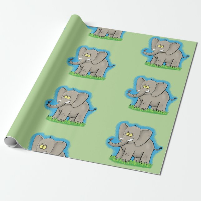 Papel De Presente Estilo verde de desenho animado de elefante (Desenrolado)