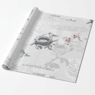 Papel De Presente Estilo Vintage. Cinzas pálidas. Pássaros e Músi