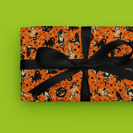 Papel De Presente Estilo Vintage Preto e Laranja Halloween
