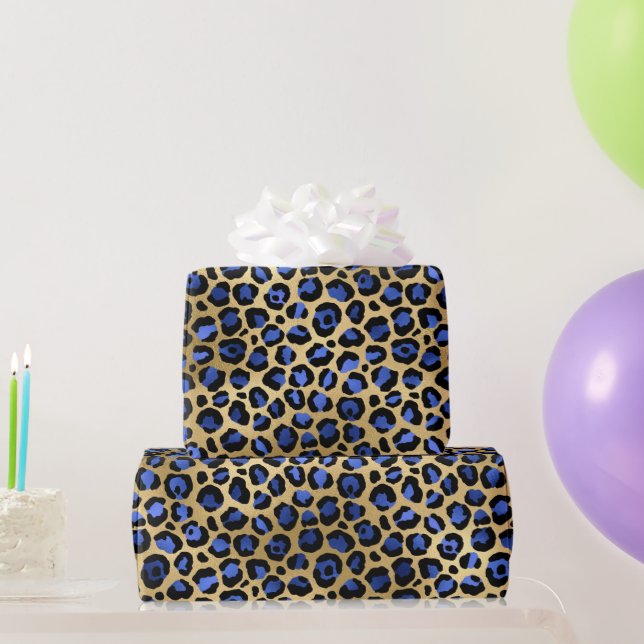 Papel De Presente Estiloso Azul & Dourado com Manchas de Leopardo em (Presentes para festas)