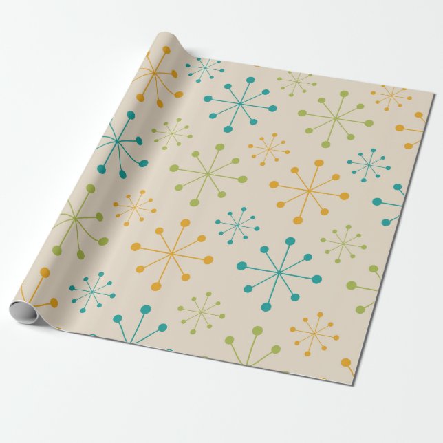 Papel De Presente Estouro de Estrela Atômico Meados do Século Laranj (Desenrolado)