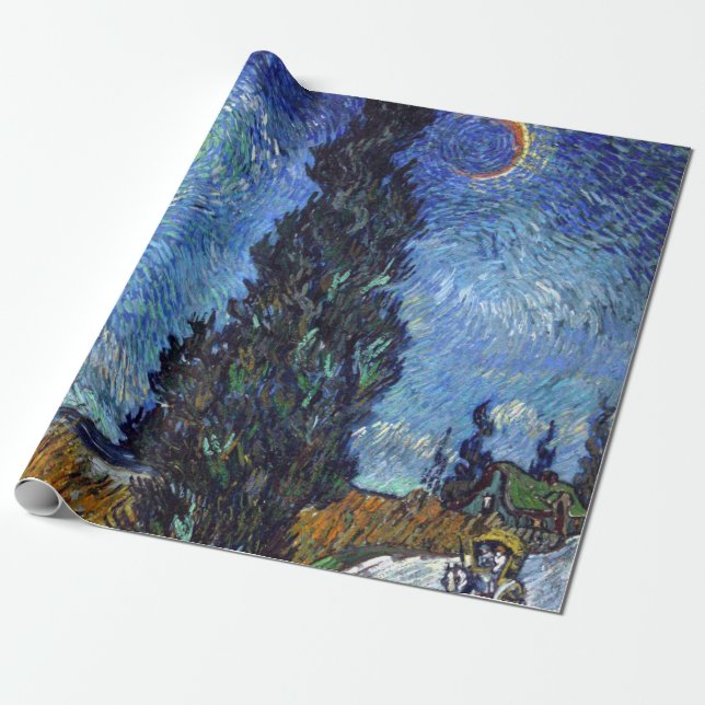 Papel De Presente Estrada com Ciprestes Impressionismo de Van Gogh (Desenrolado)