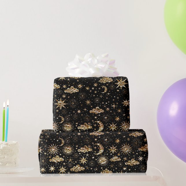 Papel De Presente Estrela Caprichosa Lua Planetas Dourado Sobre Pret (Presentes para festas)