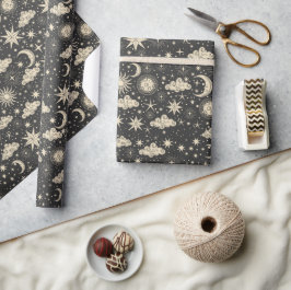 Papel De Presente Estrela Caprichosa Lua Planetas Nuvens