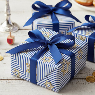 Papel De Presente Estrela de Davi Dourada Azul Safira Listrada Judai
