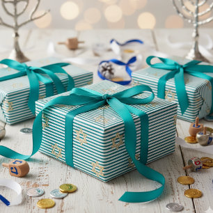 Papel De Presente Estrela de Davi Dourada Judaica em Azul Turquesa L