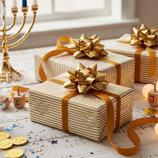 Papel De Presente Estrela de Davi Dourada Listrada Silenciada Judaic (Elegant Jewish Star of David Elegant Striped Gold & White Pattern 4 Hanukkah, Bar Mitzvah, Mazel Tov)
