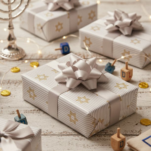 Papel De Presente Estrela de Davi Judaica Prateada Clara Listrada