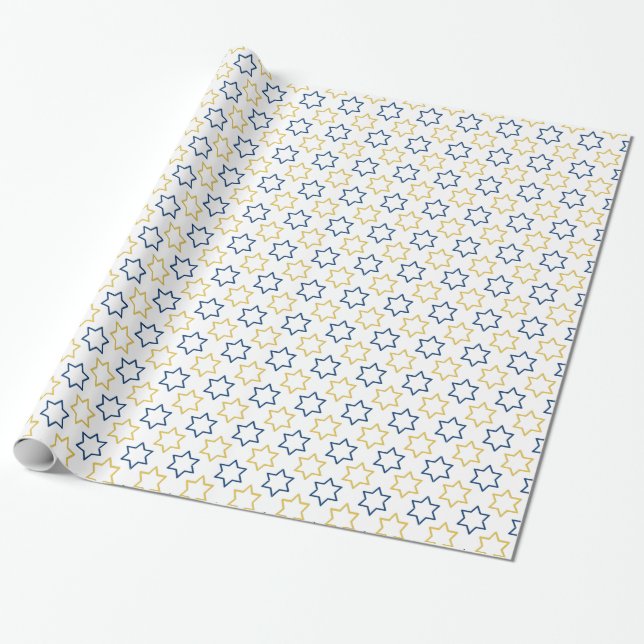 Papel De Presente Estrela de David | padrão amarelo azul (Desenrolado)