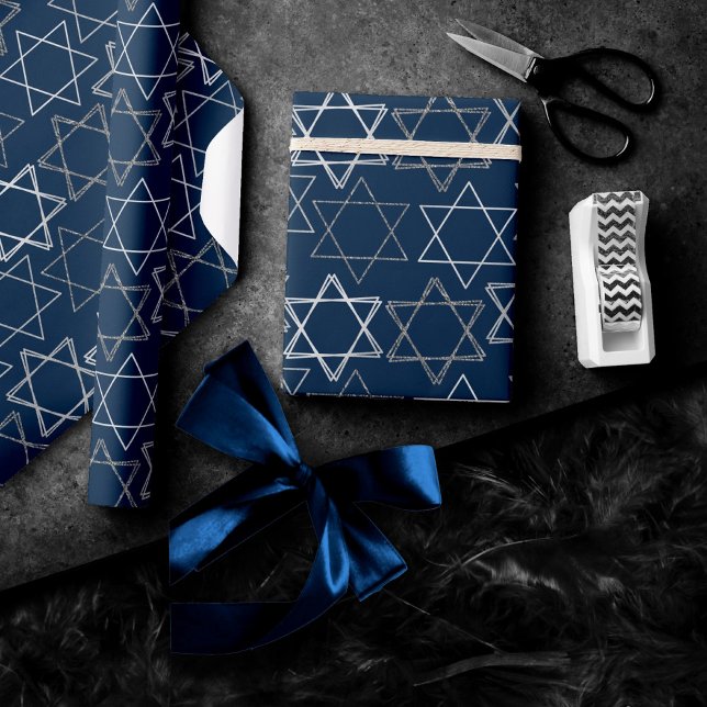 Papel De Presente Estrela de David Pattern | Azul Marinho e Prata (Criador carregado)