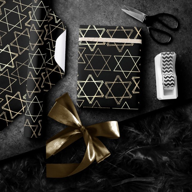 Papel De Presente Estrela de David Pattern | Moderno Dourado a preto (Criador carregado)