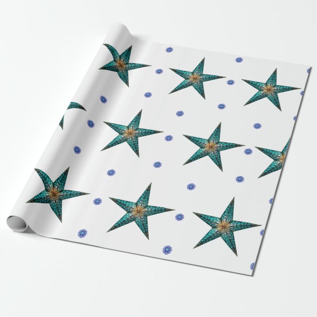 Papel De Presente Estrela de Feriado de Turquesa Lindo em Branco (Desenrolado)
