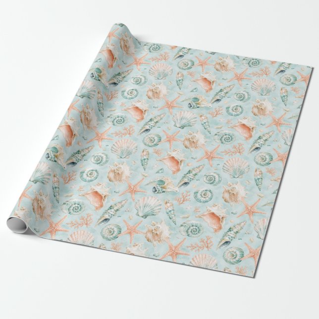 Papel de Presente Estrela-do-Mar Água-Marinha Aqua (Desenrolado)