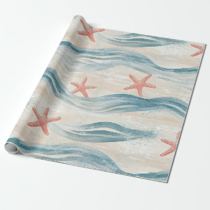Papel De Presente Estrela-do-mar Azul Oceano Praia Aquarela