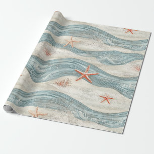 Papel De Presente Estrela-do-mar Azul Tropical Coral Costeiro