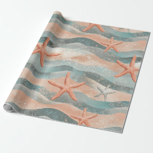 Papel De Presente Estrela-do-Mar Boho Terracota Azul Turquesa Praia