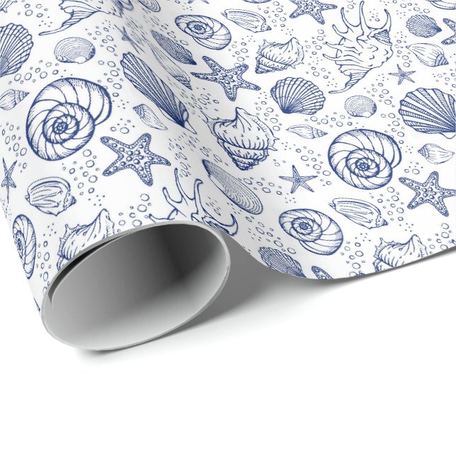 Papel de Presente Estrela-do-Mar e Conchas Azuis e (Ponta do rolo)