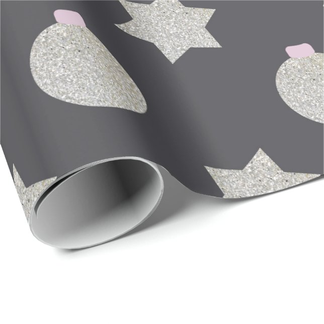 Papel De Presente Estrela Elegante e Bolas de Natal Prata e Preto (Ponta do rolo)