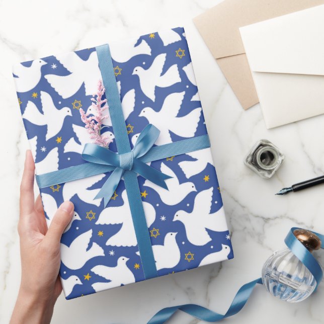 Papel De Presente Estrela Feliz de Hanukkah de David Dove White Blue (Presentear)