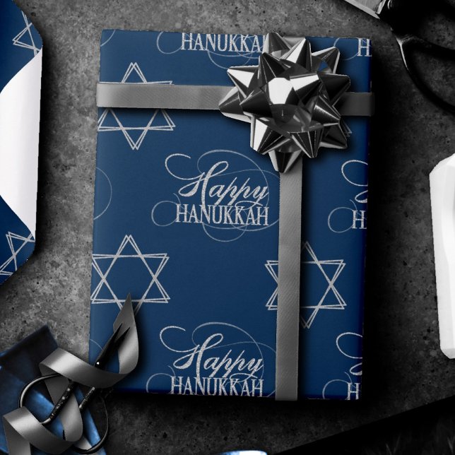 Papel De Presente Estrela Feliz de Hanukkah do Marinho de prata clás (Criador carregado)